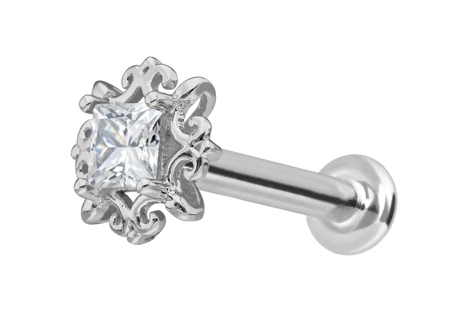 14 Karat Gold Labret Piercing mit Innengewinde MOISSANIT-QUADRAT + ORNAMENTE